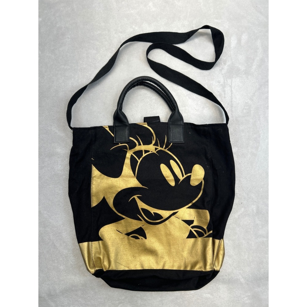 Disney Minnie Mouse Canvas Tote Bag Black Gold Crossbody Graphic Shoulder Strap